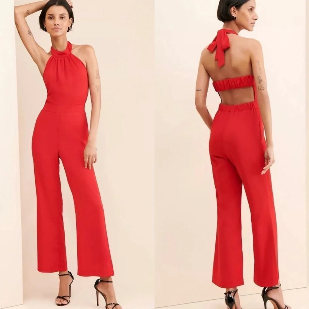 NWT Adelyn Rae Crepe Halter Jumpsuit Wide Leg High Waist Open Back Red, XS - Picture 5 of 6